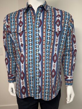 Wrangler Western Shirt Mens XL Aztec Southwestern Horn Snap Cotton Cowboy